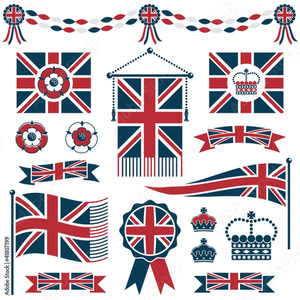 Obraz uk union jack flags ribbons tudor rose and crowns vector clipart isolated on white