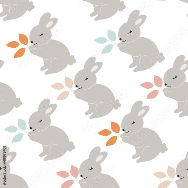 Fototapeta Grey Baby Bunny holds leaves in its paws seamless pattern. Little Rabbit. Cute Easter Animal. Hares Vector Kids Illustration isolated on background. Design for card, print, book, kids story	