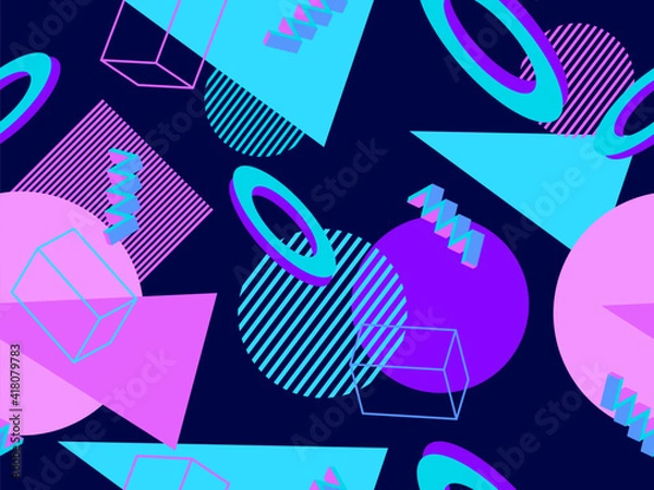 Fototapeta Memphis seamless pattern. Geometric elements memphis in the style of 80's. Trendy retro background for printing on paper, advertising materials and fabric. Vector illustration