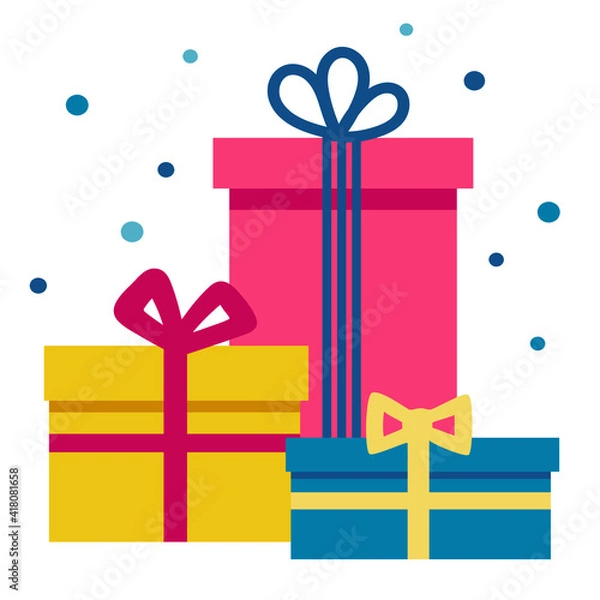 Fototapeta Composition of three new year gift boxes tied with ribbons. Preparation for the holiday. Colored set of Christmas presents. Flat style stock vector illustration. Isolated on a white background.