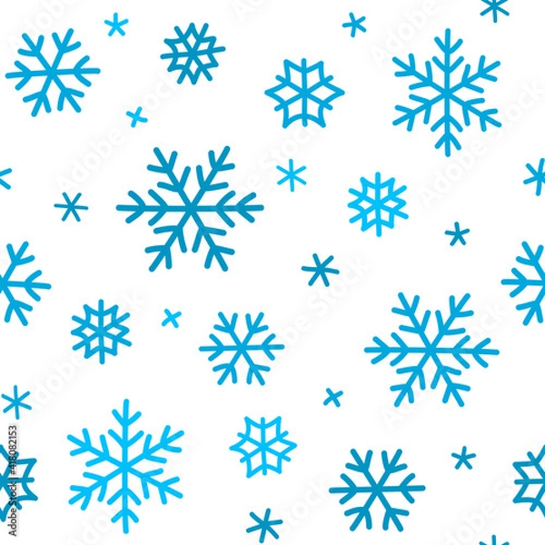 Fototapeta Vector seamless pattern with cute cartoon snowflakes. Multi-colored blue flakes of snow isolated on a white background. Hand draw doodle style. For Web page fill, wallpaper, textile, fabric, packaging