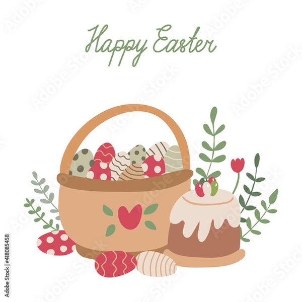 Fototapeta Easter greeting card with a cake, a basket full of colorful eggs, branches with leaves and flowers. Hand drawn vector illustration on white. Happy Easter lettering.