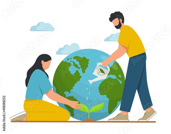 Fototapeta Young people take care the planet. Happy Earth Day. Concept of environmental protection and nature care. Design for greeting card, poster, web or print. Flat vector illustration.