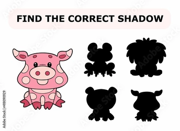 Fototapeta Vector illustration of shadow matching game for children. Vector isolated cartoon pig on the white background. Learning activity.