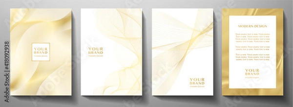 Fototapeta Modern cover design set. Gold abstract line pattern (guilloche curves) in premium gold color. Luxury golden stripe vector layout for business background, certificate, brochure template