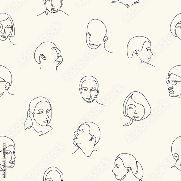 Fototapeta Seamless white and black pattern with women and men faces in abstract one  line graphic style. Hand drawn vector. Abstract face drawn with one  line.
