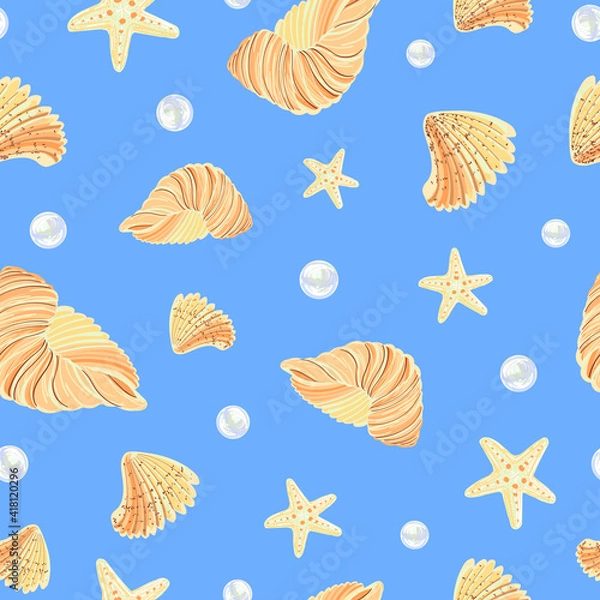 Fototapeta Summer print with blue background. Seashells and pearls in seamless pattern.