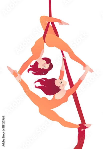 Fototapeta Two girls gymnasts on aerial silks. Simple vector color illustration