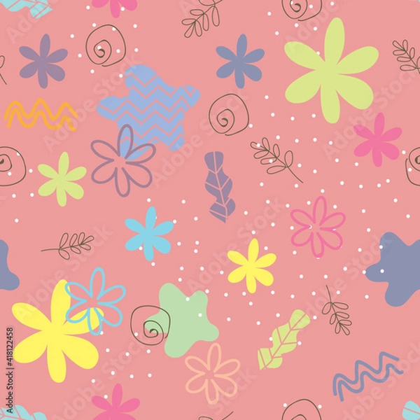 Fototapeta Colorful flowers seamless repeating pattern with carnation pink background. Vector illustration