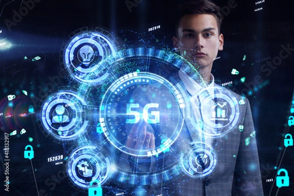 Fototapeta The concept of 5G network, high-speed mobile Internet, new generation networks. Business, modern technology, internet and networking concept