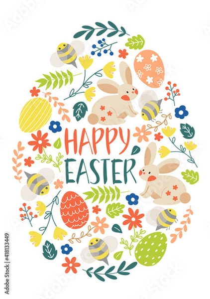 Obraz Spring Happy Easter card with Funny bunny rabbits, Eggs, flowers and leaves in cute doodle style. Pattern in Egg shape.  Stylish holiday background