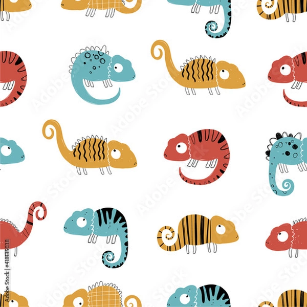 Fototapeta Vector hand-drawn colored childish seamless repeating simple flat pattern with chameleons in scandinavian style on a white background. Cute baby animals. Pattern for kids with chameleon. Lizard.