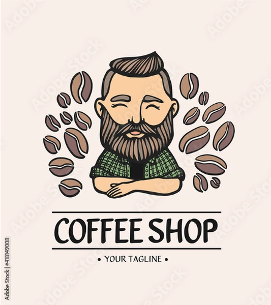 Fototapeta Coffe shop logo. Hand-drawn hipster man with mustache, beard with coffee beans on white background. Barista Vector logo. Line cafe Emblem.