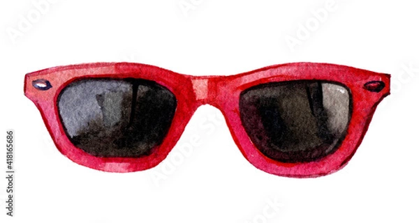 Obraz Red sunglasses on white background, watercolor illustration