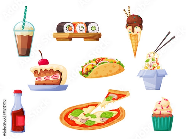 Fototapeta Color set in cartoon fast food style. Sweet and salty food and drinks.