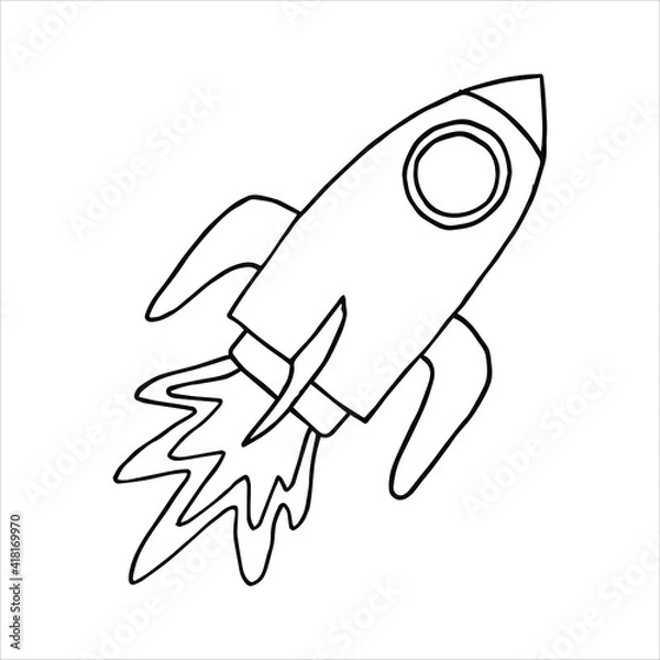 Obraz Rocket doodle drawing. Isolated on white background. Sketch elements set for design. Vector hand drawn illustration in doodle style. Astronomical or celestial objects.