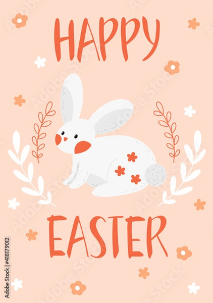 Obraz Spring Easter modern greeting card and invitation for Easter egg hunt party in cute hand drawn style with flowers, eggs, and bunny rabbits