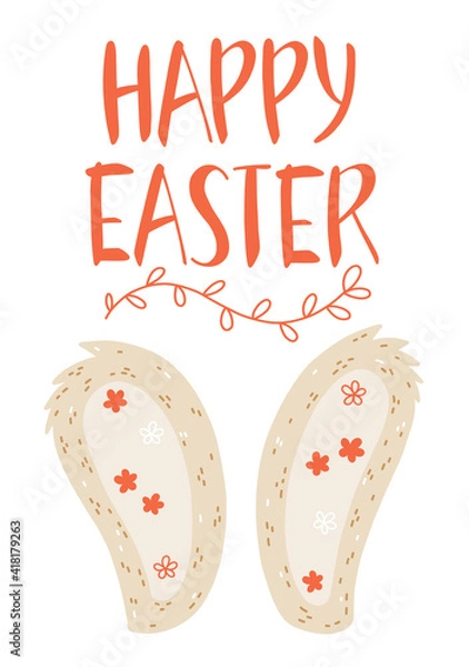 Obraz Spring Cute bunny rabbit Ears with lettering Happy Easter day. Perfect for greeting card, poster, invitation. Vector hand drawn design
