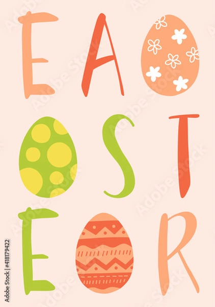 Obraz Spring Easter modern greeting card and invitation for Easter Egg hunt party in cute hand drawn style with decorative eggs and lettering