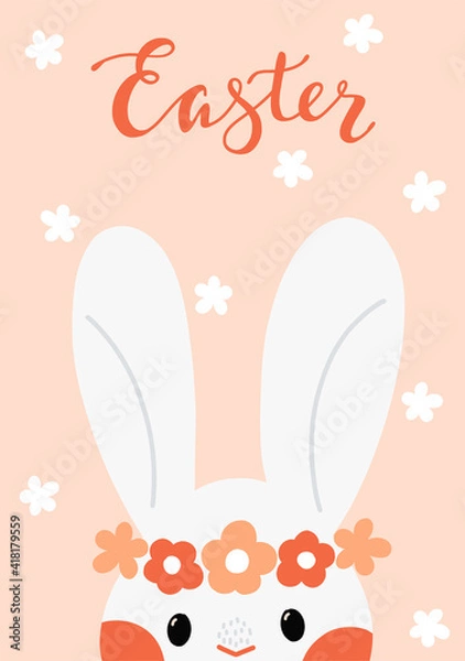 Obraz Spring Cute bunny rabbit Ears with lettering Happy Easter day. Perfect for greeting card, poster, invitation. Vector hand drawn design