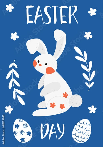 Obraz Spring Easter modern greeting card and invitation for Easter egg hunt party in cute hand drawn style with flowers, eggs, and bunny rabbits