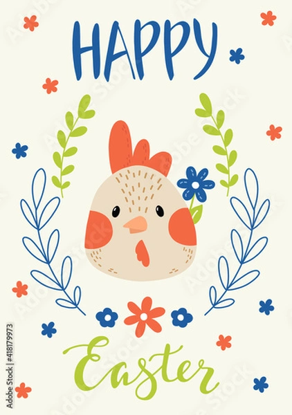 Obraz Spring Happy Easter card in vector. Funny spring chicken, eggs in cute doodle style with flowers and leaves. Stylish holiday background