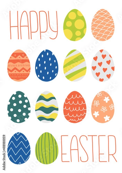 Obraz Spring Easter modern greeting card and invitation for Easter Egg hunt party in cute hand drawn style with decorative eggs and lettering 