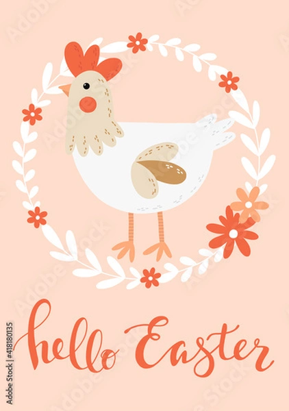 Obraz Spring Happy Easter card in vector. Funny spring chicken, eggs in cute doodle style with flowers and leaves. Stylish holiday background
