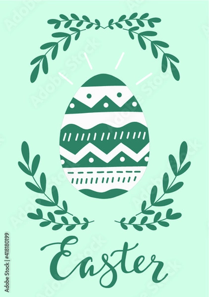 Obraz Spring Easter modern greeting card and invitation for Easter Egg hunt party in cute hand drawn style with flowers, eggs, and leaves