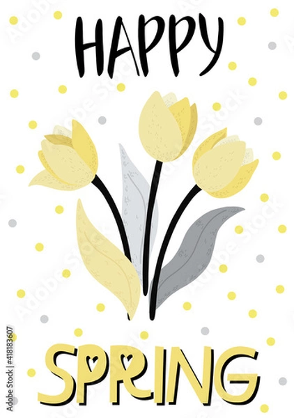 Obraz Happy Mother's Day. Hello Spring. Hand drawn scandinavian style vector illustration for card, poster, banner template with flowers, plant and hand drawn lettering happy spring