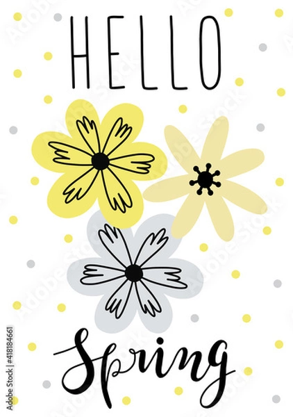 Obraz Happy Mother's Day. Hello Spring. Hand drawn scandinavian style vector illustration for card, poster, banner template with flowers, plant and hand drawn lettering happy spring