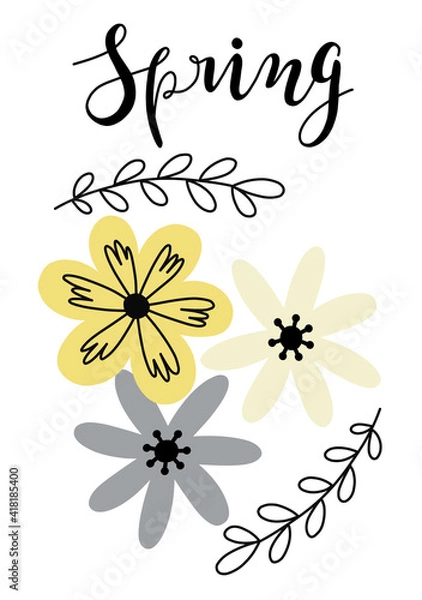 Obraz Happy Mother's Day. Hello Spring. Hand drawn scandinavian style vector illustration for card, poster, banner template with flowers, plant and hand drawn lettering happy spring