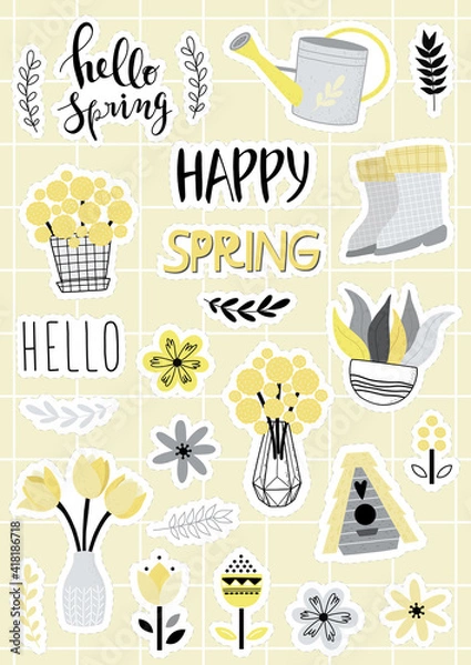 Obraz Spring Easter Stickers. Easter scrapbook sticker set. Vector Illustration Doodle Style with waterin can, bird house, tulip, flower pot in pantone 2021 colors