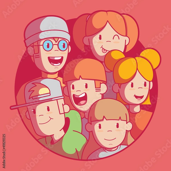 Fototapeta Kids group vector illustration. Playground, social design concept.