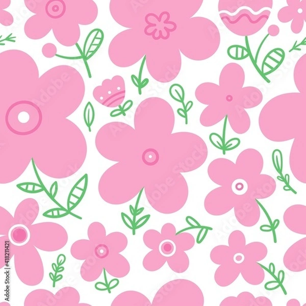 Fototapeta Seamless pattern with different plants and  flowers on  white background. Vector print with herbs. Botanical doodle wallpaper.