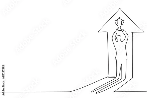 Fototapeta Continuous one line drawing of young male winner shadow on the wall holding the trophy up. Success champion athlete minimalist concept. Trendy single line draw design vector graphic illustration