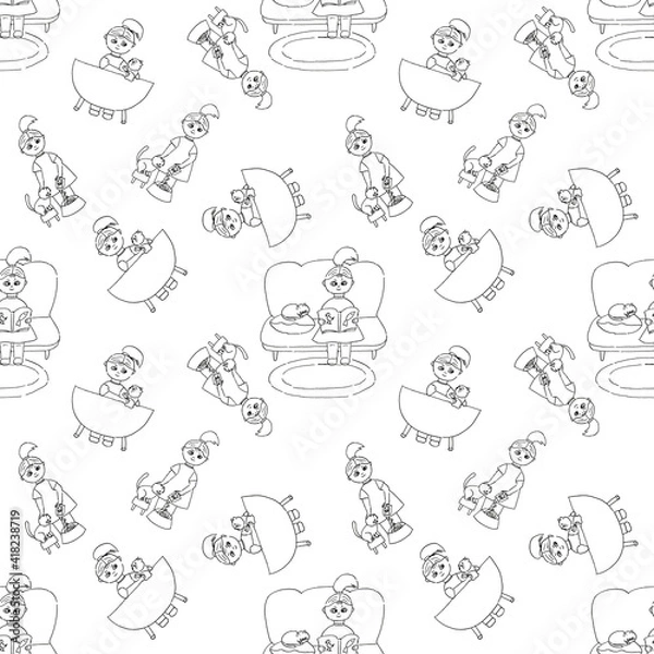 Fototapeta Seamless pattern with a pet and its owner. The girl feeds her beloved cat, bathes, reads a book to him. Drawn by hand with a liner.