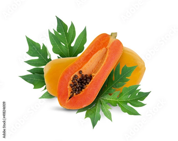 Obraz Isolated whole and half papaya on white background with green papaya leaf and clipping path