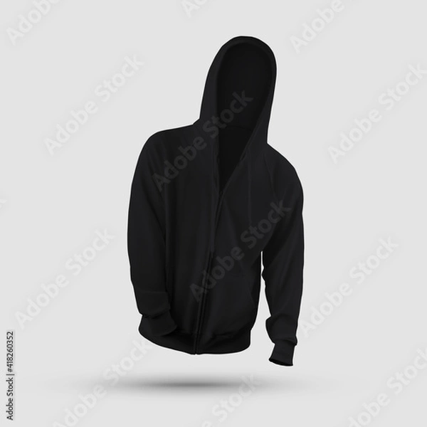 Fototapeta Black clothes template 3D rendering, mens hoodie with pocket, zipper, ties, front view, isolated on background.