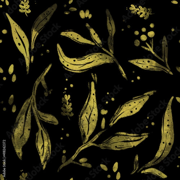 Fototapeta seamless floral pattern with yellow leaves on black background