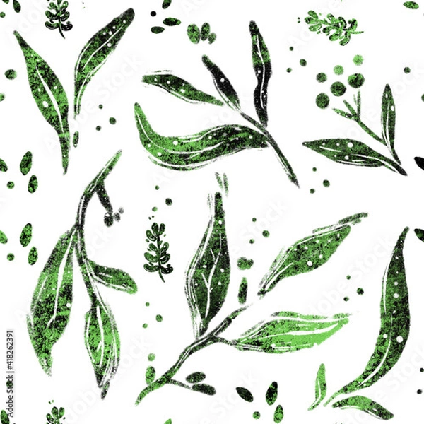 Fototapeta seamless floral pattern with green leaves on white background