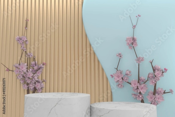 Fototapeta Sakura decoration and white granite podium on cyan background. 3D rendering