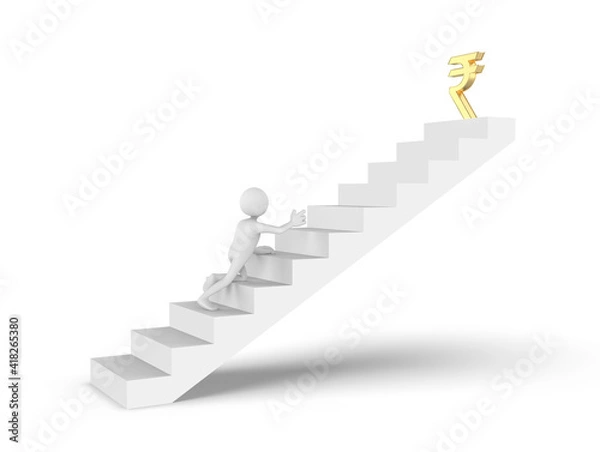 Fototapeta 3D cartoon man striving in stairs raising hand towards Indian Rupee symbol
