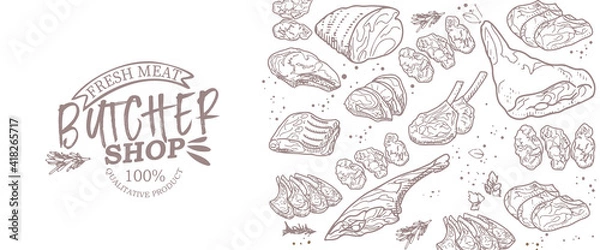 Fototapeta Sticker of meat products. Beef, pork, lamb. Vector illustration in the style of a sketch. A booklet, banner, or flyer of a butcher shop or store.