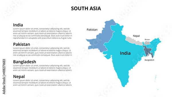 Fototapeta South Asia vector map infographic template divided by countries. Slide presentation