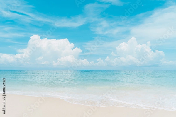 Fototapeta Beautiful tropical beach with blue sky and white clouds abstract texture background. Copy space of summer vacation and holiday business travel concept.