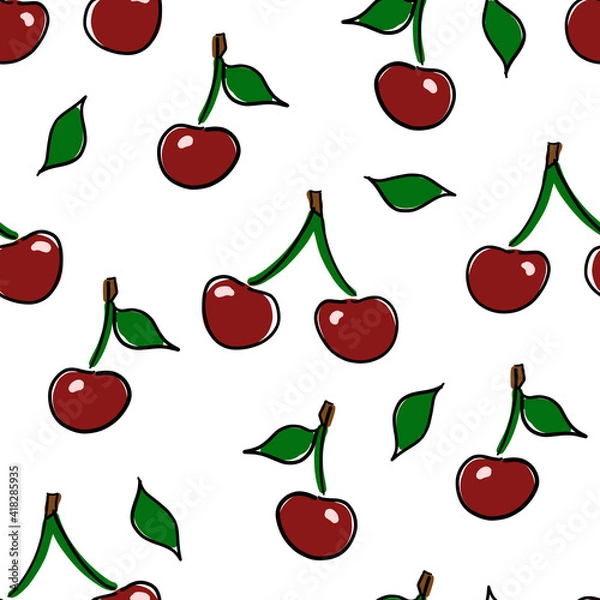 Fototapeta Hand-drawn red cherries seamless pattern