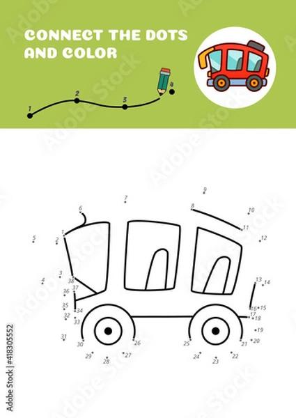 Fototapeta Connect the dots and color. Tiny red bus. Vector EPS 10