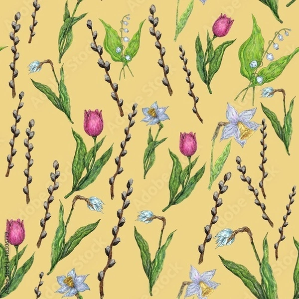 Obraz Seamless pattern. Spring flowers and plants. Illustration for the decor and design of posters, postcards, prints, stickers, invitations, textiles and stationery.