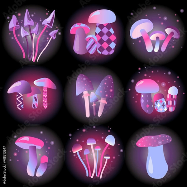 Obraz Magic unreal mushrooms set. Vector Illustration of space. Details for games and mobile applications